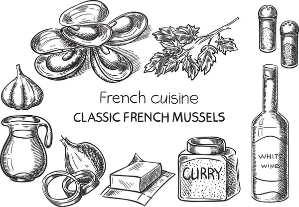 Franska rätter. Kreativa konceptuella vektor. Skiss handritad fransk mat recept illustration, gravyr, bläck, konturteckningar, vektor. — Stock vektor