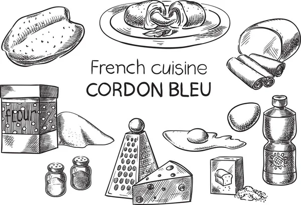 Cozinha francesa.Vetor conceitual criativo. Esboço mão desenhado francês receita de alimentos ilustração, gravura, tinta, linha arte, vetor . — Vetor de Stock