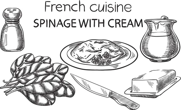 Французька кухня. Творчі концептуальні вектор. Ескіз боку звернено французька їжа рецепт ілюстрації, гравірування, чорнило, векторні об'єкти, вектор. — стоковий вектор