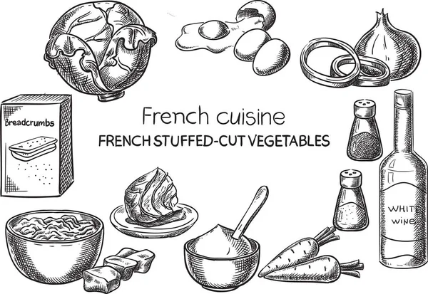 Cocina francesa.Vector conceptual creativo. Bosquejo dibujado a mano receta de comida francesa ilustración, grabado, tinta, arte de línea, vector . — Archivo Imágenes Vectoriales