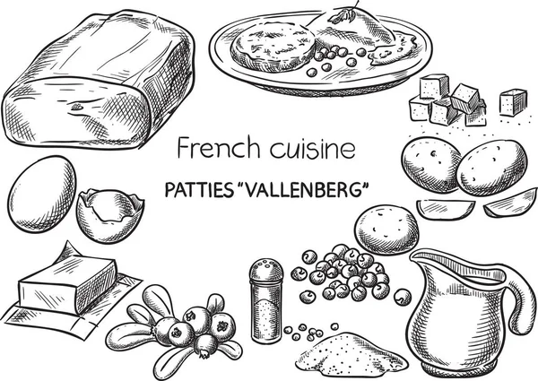 French cuisine.Creative conceptual vector. Sketch hand drawn french food recipe illustration, engraving, ink, line art, vector. — Stock Vector