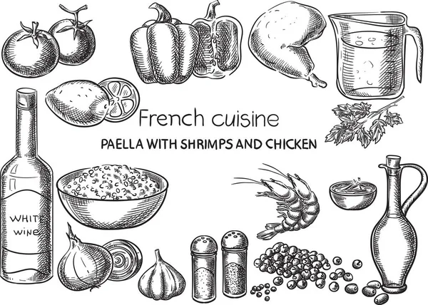 Cocina francesa. Vector conceptual creativo. Bosquejo dibujado a mano receta de comida francesa ilustración, grabado, tinta, arte de línea, vector . — Vector de stock