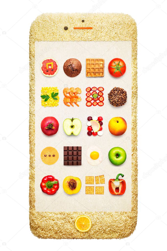 Smart food. Creative concept photo of smartphone made of fruits and vegetables on white background.