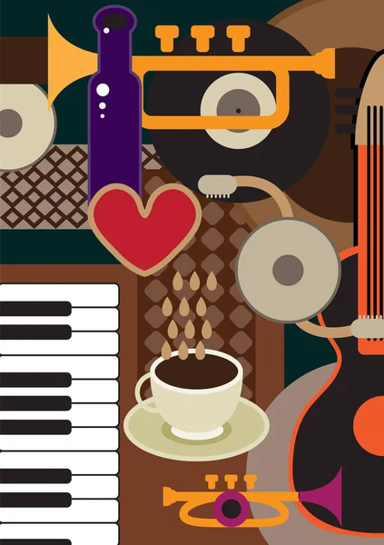 Музыкальный фестиваль. Вектор фестиваля творческой концептуальной музыки. Музыкальные инструменты и кофе . — стоковый вектор