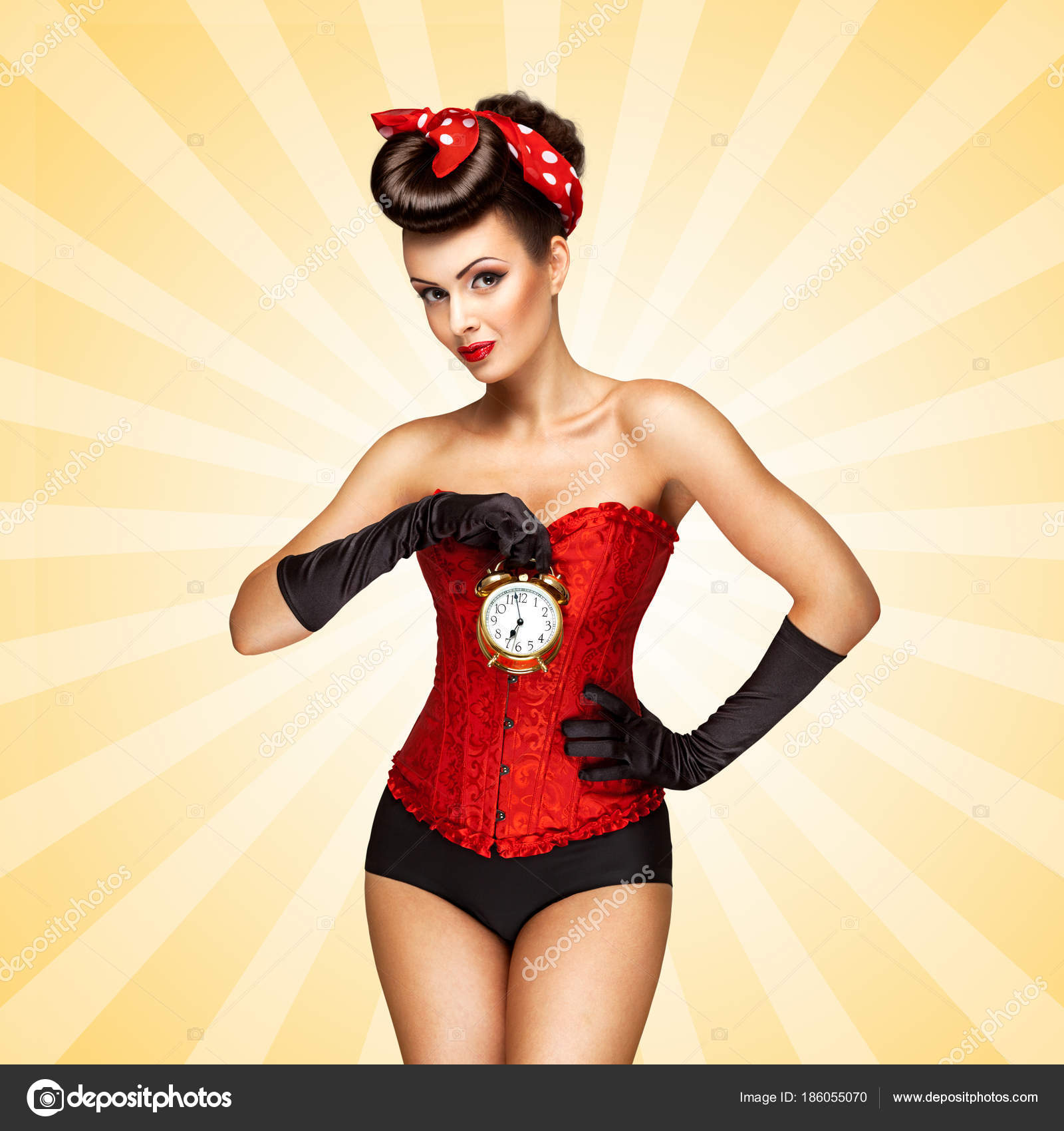 Glamorous Pinup Girl Red Vintage Corset Holding Retro Alarm Clock Stock  Photo by ©fisher.photostudio 186055070