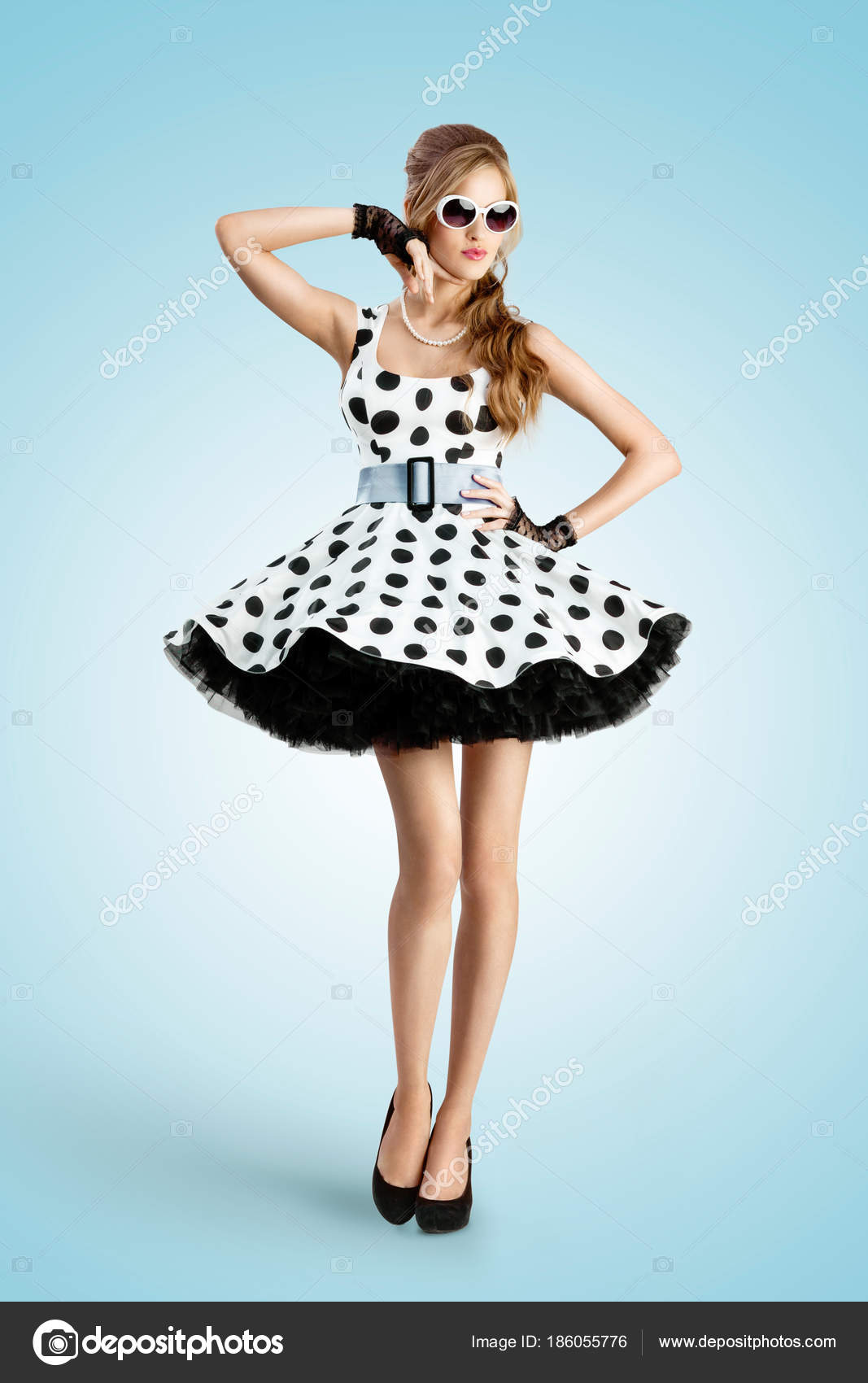 Vintage Photo Beautiful Pin Girl Wearing Retro Polka Dot Dress