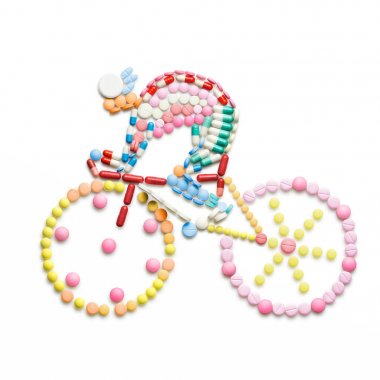 Doping drugs and pills in the shape of a road bicycle racer on a bike. clipart