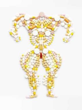 Uyuşturucu ve kaslı bir vücut geliştirmeci şeklinde steroid hormonlar doping.