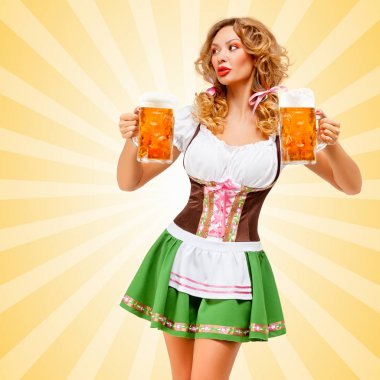 Bir kenara iki bira bardağı ile renkli karikatür tarzı özgeçmişlerine bakarak bir geleneksel Bavyera elbise dirndl giyen güzel seksi Oktoberfest kadın.