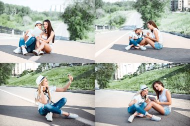 Paket servisi olan restoran kahve ile yolda oturan ve bir telefonu kullanarak, selfie yapım ve tablet yeşil çim ve bir yol arka plan karşı birlikte net sörf iki çekici genç kadın resimleri bir dizi.