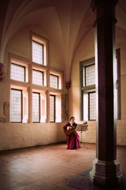 malbork Castle, Polonya büyük bir açık odada otururken bir gitar çalmak bir kadın.