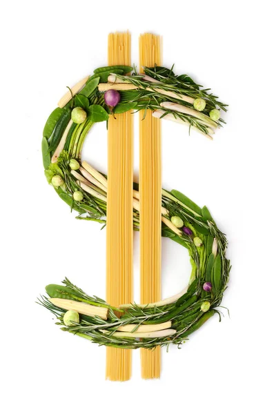 Znak Dolara Warzywami Makaronem — Zdjęcie stockowe