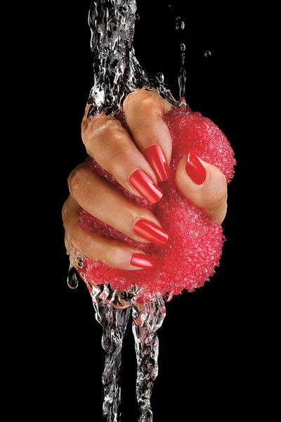 Closeup Female Tanned Hand Painted Nails Wringing Pink Sponge Water — Stock Photo, Image