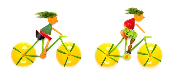 Frutas Legumes Forma Jovens Ciclistas Andando Bicicleta — Fotografia de Stock