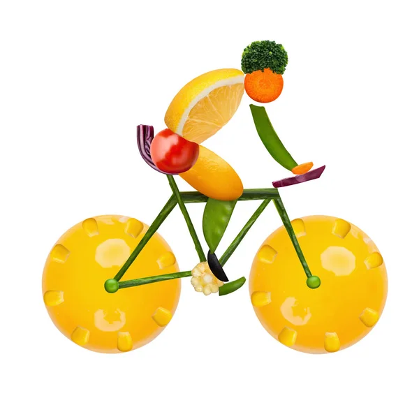 道路の自転車の男性サイクリストの健康食品の概念は 新鮮な野菜や果物 白で隔離 — ストック写真