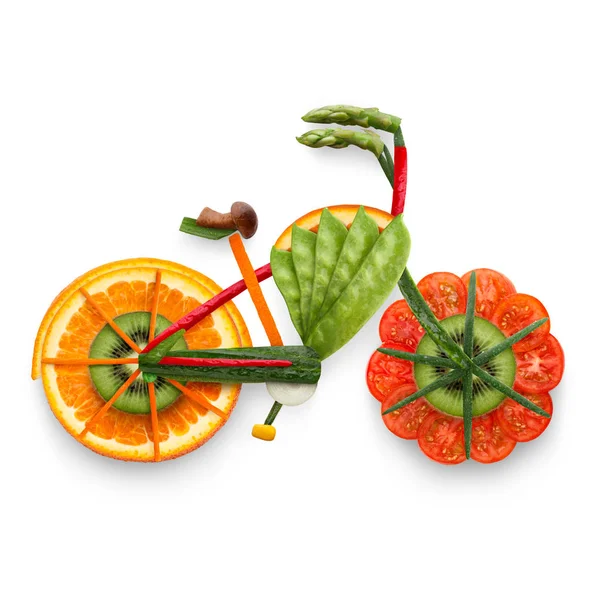 Egészséges Ételek Fogalmát Részletesen Elektromos Kerékpár Készült Friss Zöldségek Gyümölcsök — Stock Fotó