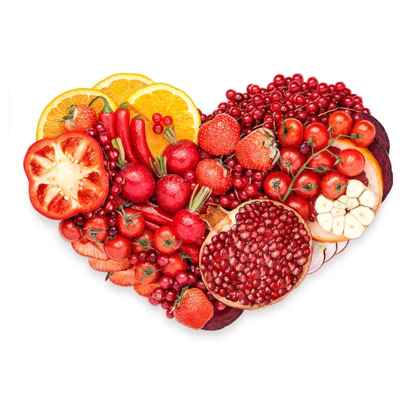 人的心脏健康食品的概念作出的降低死亡风险 孤立的白色衬底上的蔬菜和水果混合 — 图库照片