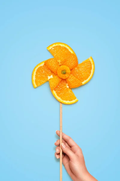 Creative Still Life Yellow Toy Windmill Made Fresh Orange Slices — Stock Photo, Image