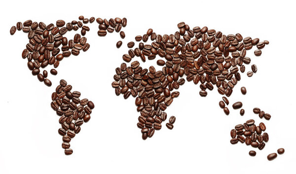 A world map made of roasted coffee beans showing that people drink coffee worldwide.