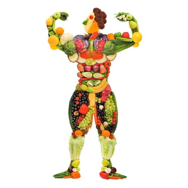Frukt Och Grönsaker Form Hälsosam Poserar Muskulös Bodybuilder — Stockfoto