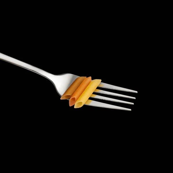 Creative Still Life Photo Fork Raw Pasta Black Background — Stock Photo, Image