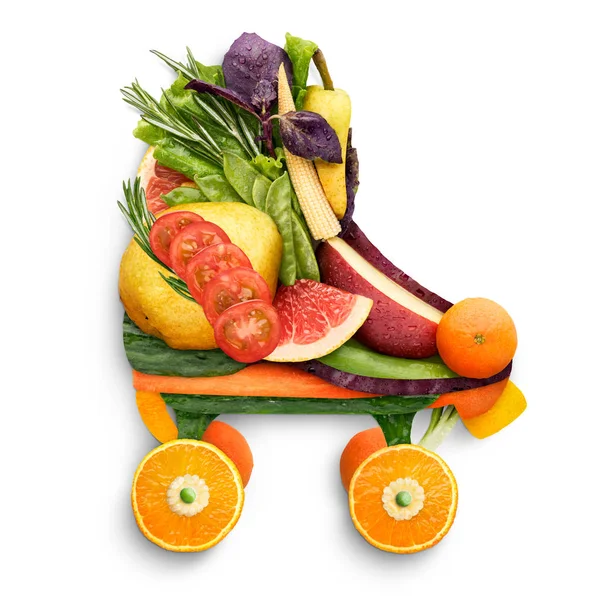 Gesundes Ernährungskonzept Mit Quad Rollschuhen Aus Frischem Gemüse Und Obst — Stockfoto
