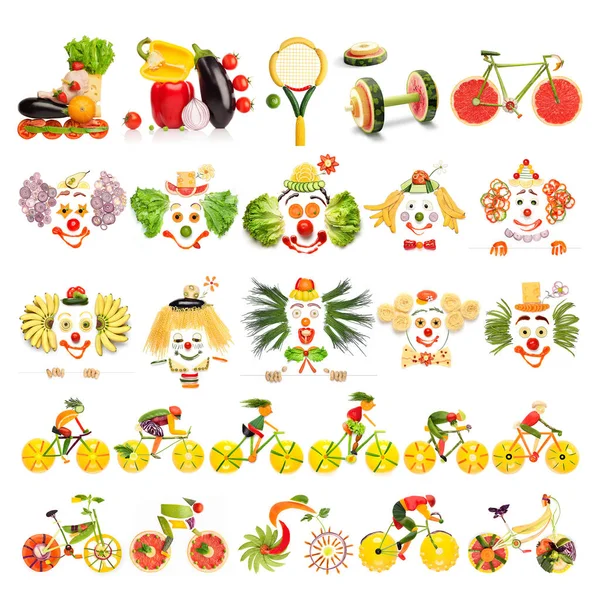 Gıda Kavramlar Ile Palyaçolar Yaratıcı Menü Kümesi Spor Ekipmanları Sebzelerin — Stok fotoğraf