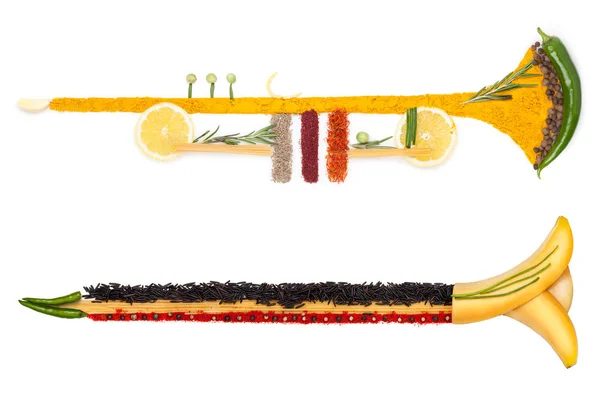 Färgglad Bild Trumpeten Gjord Frukt Grönsaker Och Kryddor — Stockfoto