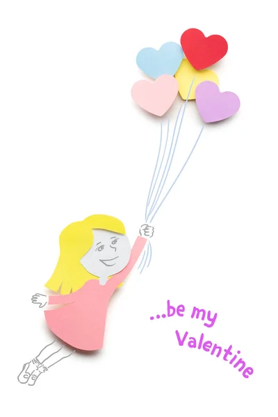 Creative Valentines Concept Photo Girl Heart Balloons Mad Paper White — Stock Photo, Image
