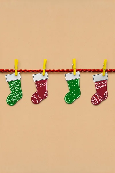 Creative Photo Santas Socks Made Paper Brown Background — Stock Photo, Image