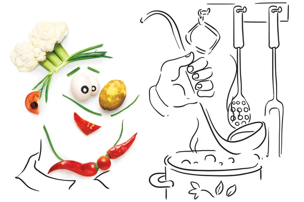 Concept Culinaire Créatif Drôle Chef Bande Dessinée Fait Légumes Cuisson — Photo