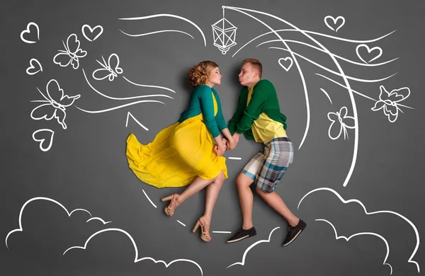 Feliz Valentim Conceito História Amor Casal Romântico Sentado Lua Mãos — Fotografia de Stock