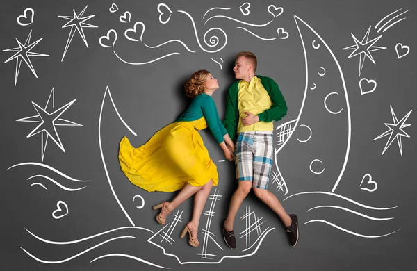 Happy Valentines Love Story Concept Romantic Couple Swimming Moon Boat — Stock Photo, Image