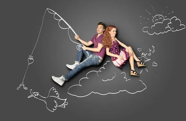 Happy Valentines Love Story Concept Romantic Couple Fishing Cloud Bait — Stock Photo, Image