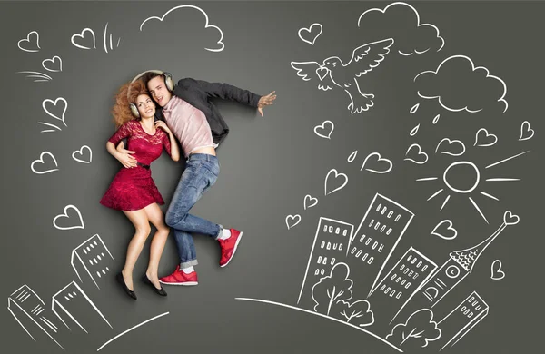 Happy Valentines Love Story Concept Romantic Couple Sharing Headphones Listening — стоковое фото