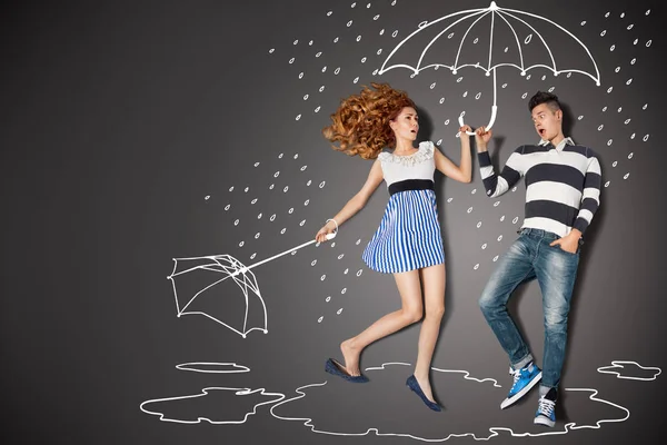 快乐情人节爱浪漫的情侣 在雨中粉笔图纸背景故事概念 — 图库照片