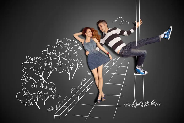 Happy Valentines Love Story Concept Romantic Couple Chalk Drawings Background — стоковое фото