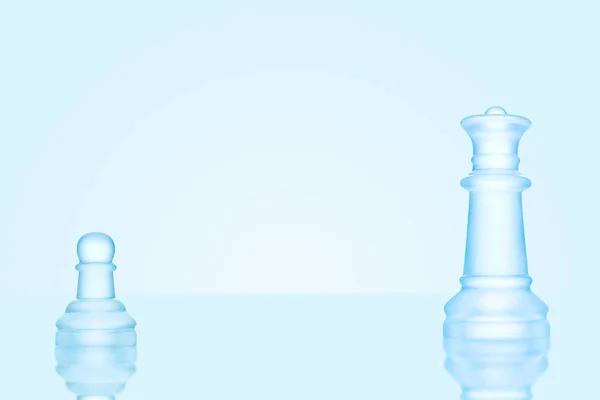 リーダーシップおよび勇気の概念 氷のようなつや消しのチェス盤の女王ととどまる つのポーン — ストック写真