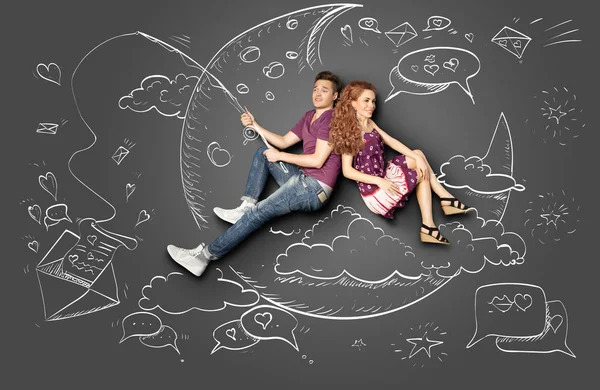 Happy Valentines Love Story Concept Romantic Couple Fishing Moon Paper — Stockfoto