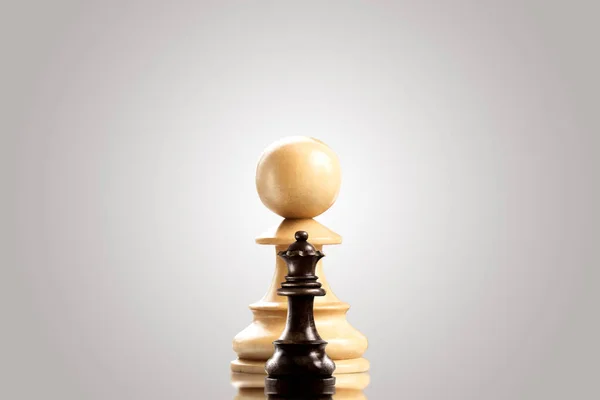 Leadership Bravery Concept Huge White Wooden Pawn Staying Small Black — Stock Photo, Image
