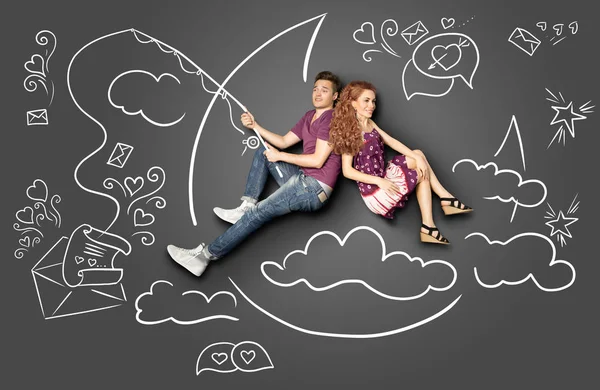 Happy Valentines Love Story Concept Romantic Couple Fishing Moon Paper — Stockfoto