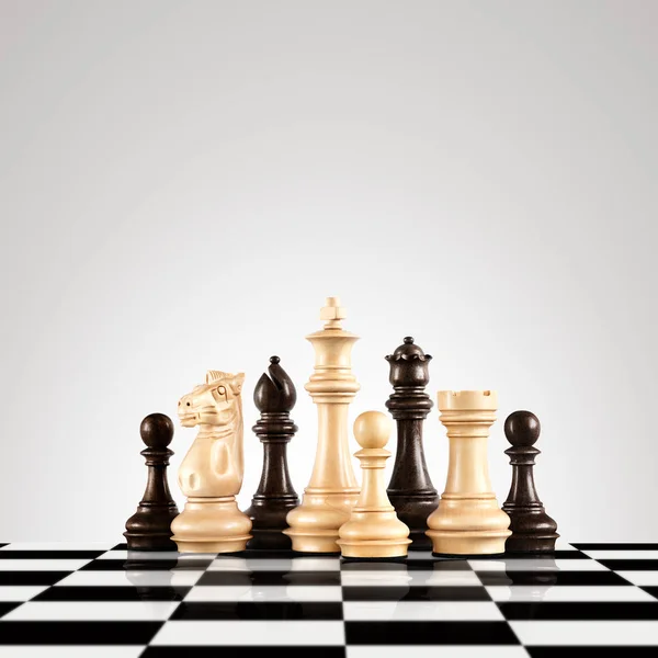 Strategy Leadership Concept Black White Wooden Chess Figures Standing Board — Stock Photo, Image