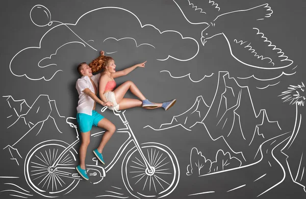 Happy Valentines Love Story Concept Romantic Couple Chalk Drawings Background — Stock Photo, Image