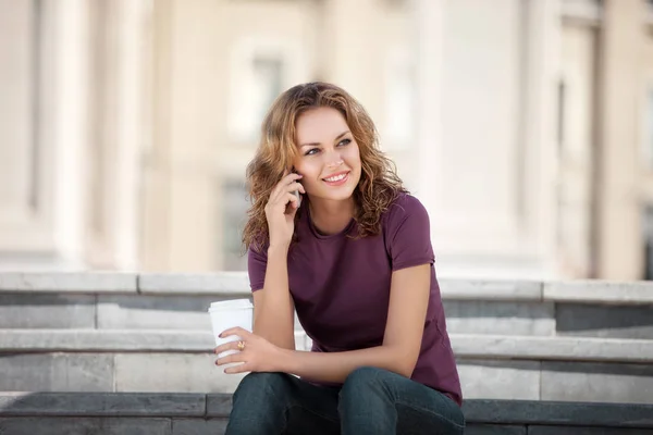 Beautiful Woman Phone Holding Cup Take Away Coffee — Stock Photo, Image