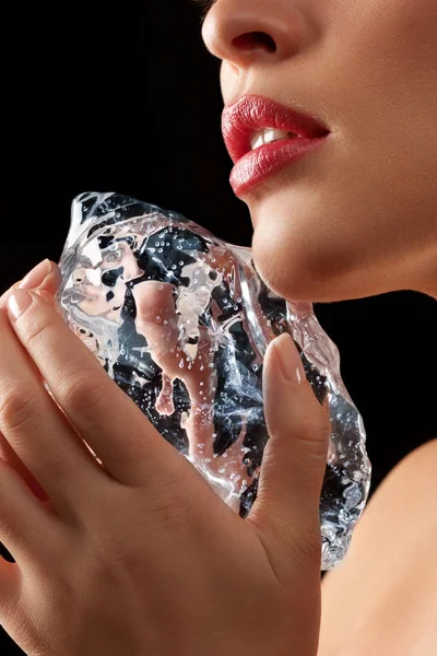 Lower Face Woman Rubbing Ice Cube Face — Stock Photo, Image