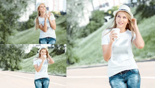 Collage Una Bella Giovane Donna Con Una Tazza Caffè Asporto — Foto Stock