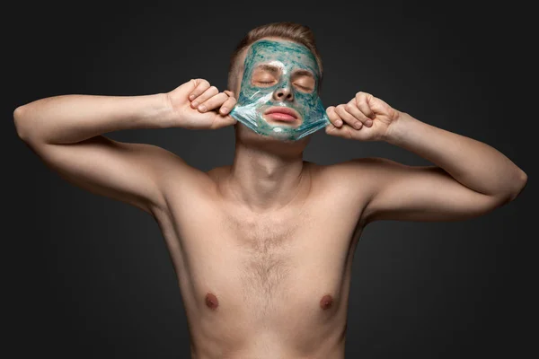 Portrait Beautiful Young Man Peeling Facial Mask Face Body Skin — Stock Photo, Image