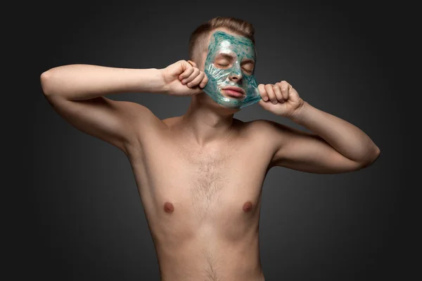 Portrait Beautiful Young Man Peeling Facial Mask Face Body Skin — Stock Photo, Image