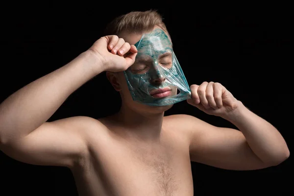 Portrait Beautiful Young Man Peeling Facial Mask Face Body Skin — Stock Photo, Image