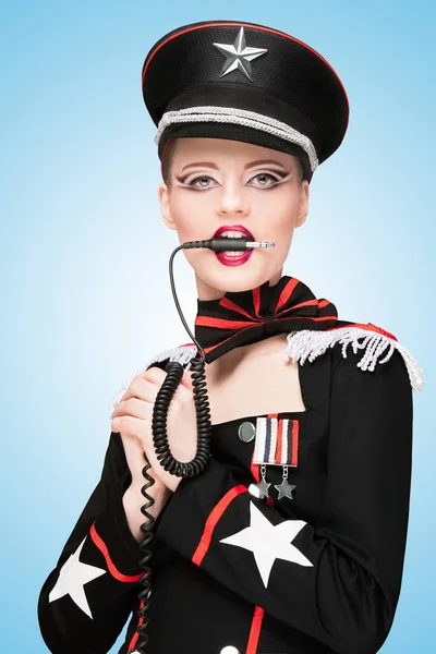Sexy Girl Dressed Military Uniform Dress Dominatrix Biting Vintage Unplugged — Stock Photo, Image